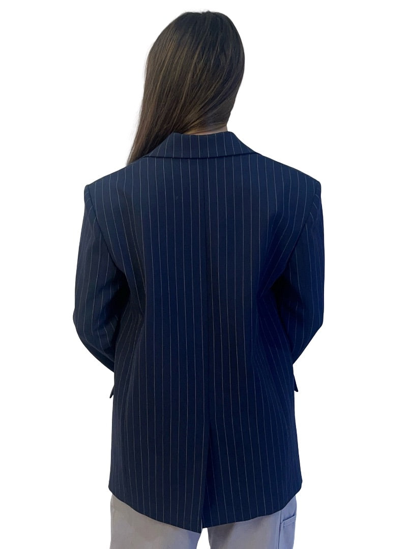 Maje Navy Pinstripe Single Breasted Wool Blend Blazer. Size: 36