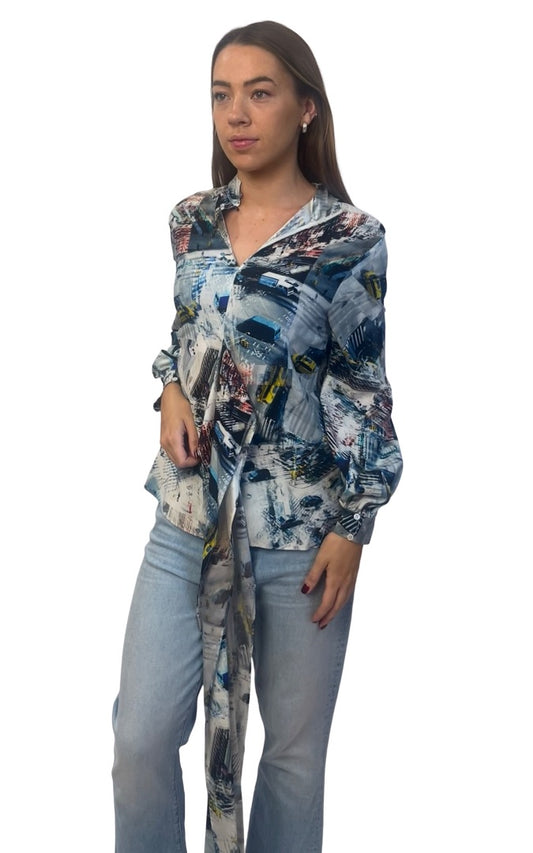 Scanlan Theodore Blue / Multi-Colour Silk Street Print Blouse. Size: 8