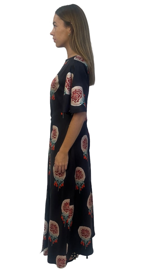 Oroton Black 'Winter Floral' Silk Gathered Twist Front Dress. Size: 14