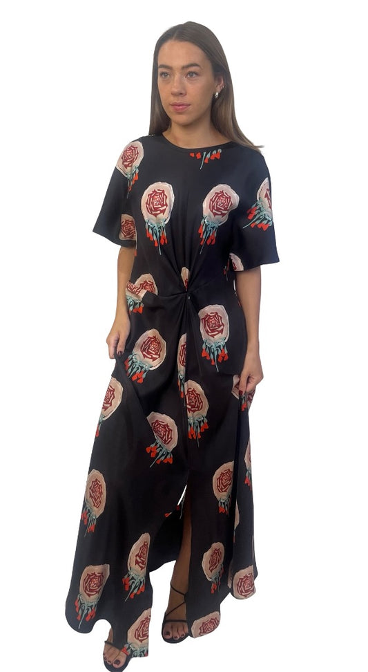Oroton Black 'Winter Floral' Silk Gathered Twist Front Dress. Size: 14