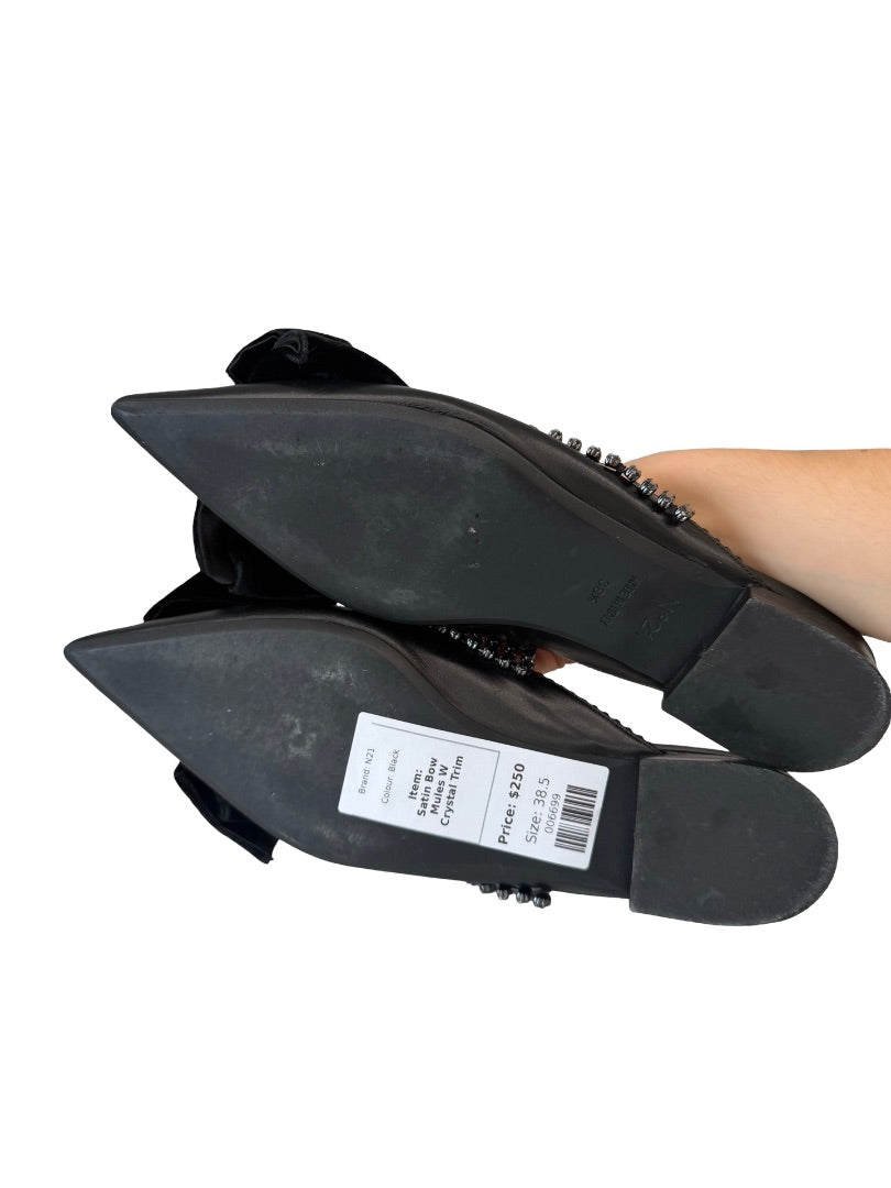 N21 Black Satin Bow Leather Flats W Crystal Trim. Size: 38.5