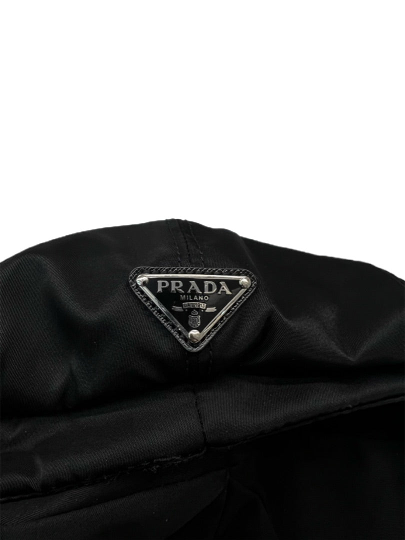 Prada Black Re-Nylon Triangle Logo Newsboy Cap. Size: Medium