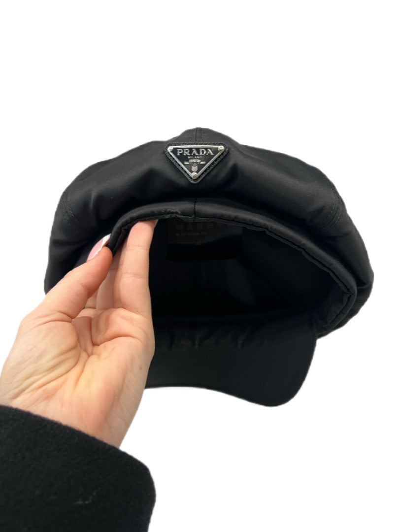 Prada Black Re-Nylon Triangle Logo Newsboy Cap. Size: Medium