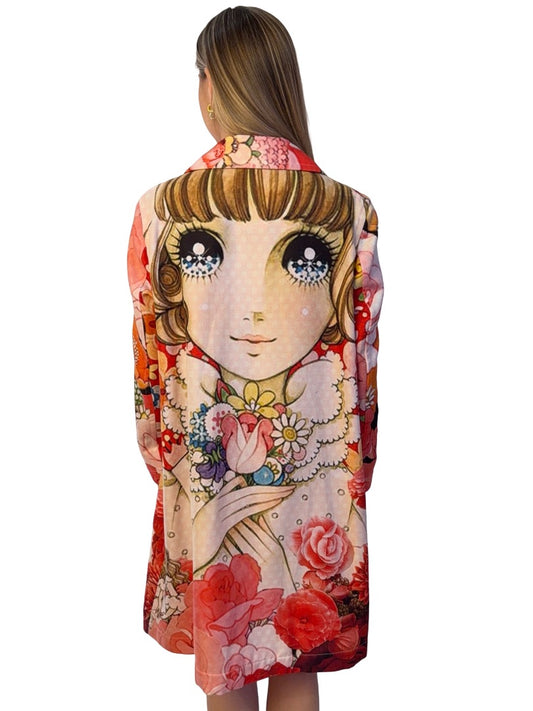 Comme Des Garcons X TakahashMacotoi Red/Multi Double Breasted 'Dreaming Girl' Floral Coat. Size: M