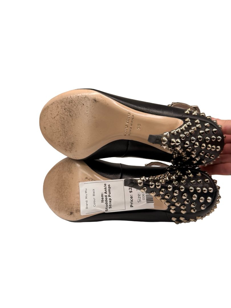 Miu Miu Black Leather Studded Ankle Strap Pumps. Size: 38