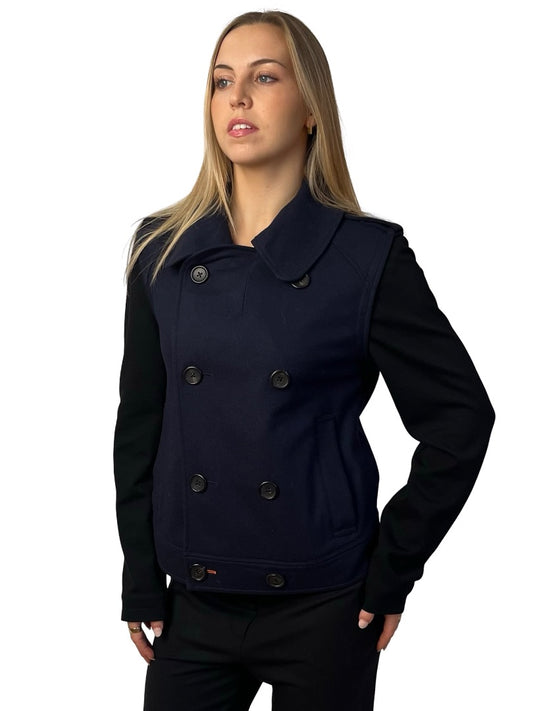 Y-3 Navy/Black Two Tone Double Breasted Pea Coat. Size: M