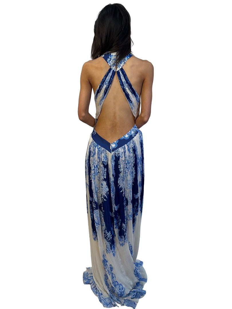 Roberto Cavalli Blue / Cream Floral Print Pleated Halterneck Dress. Size: 42