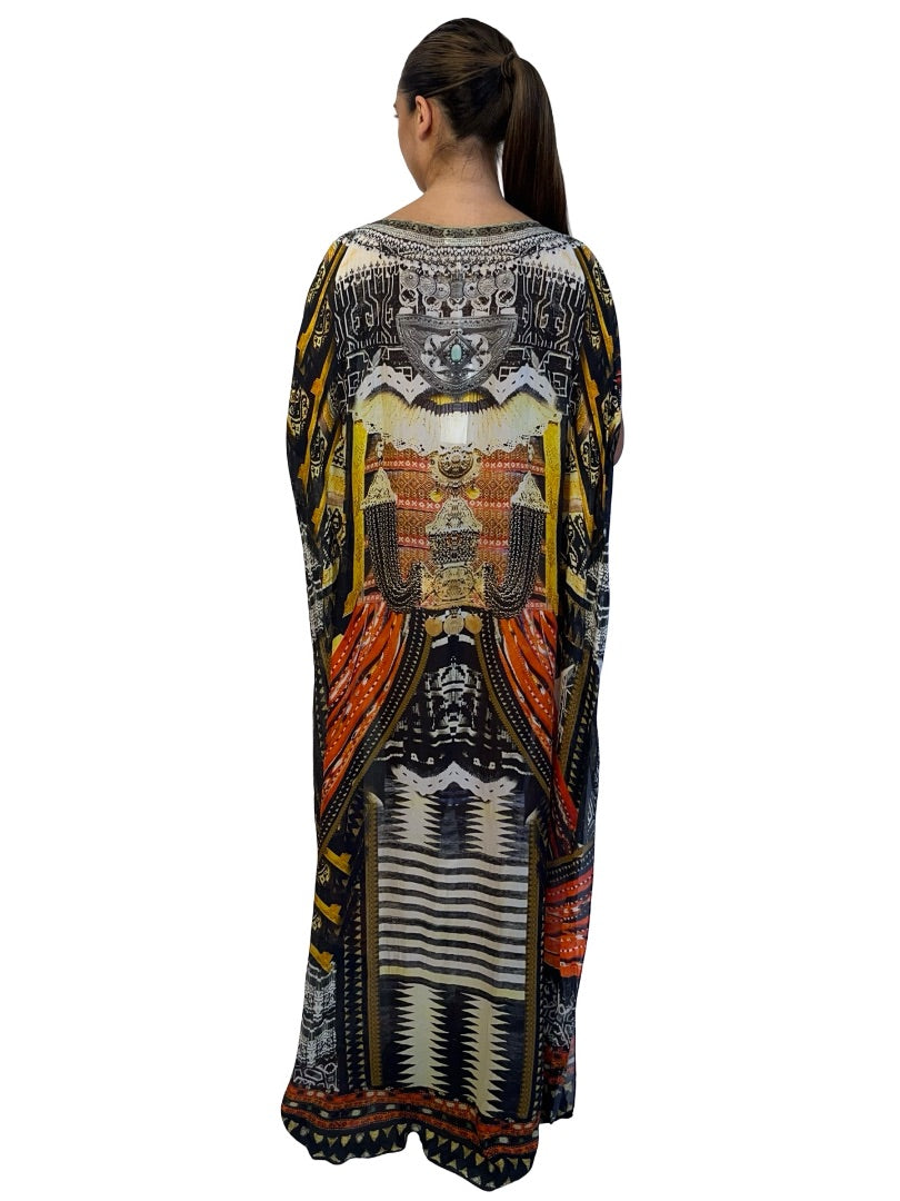 Camilla Yellow / Multi-Colour Warrior Sheer Round Neck Kaftan. Size: O/S
