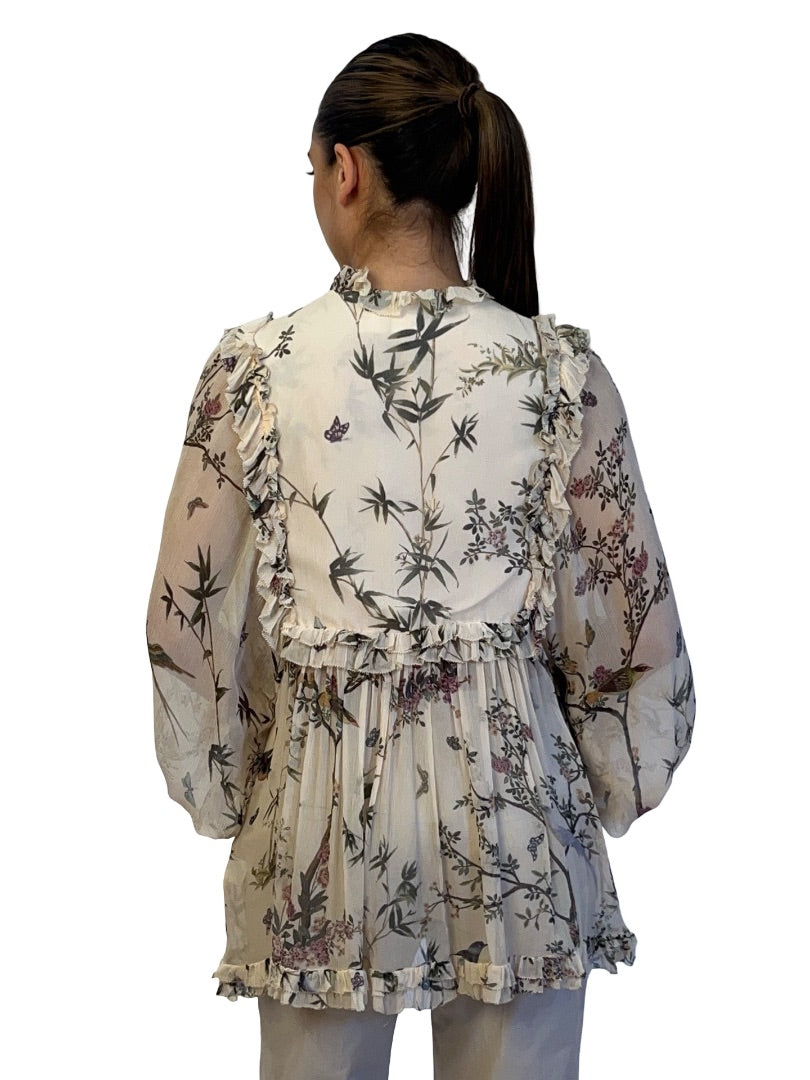 Zimmermann Neutral / Green Silk Botanical Print Blouse. Size: 1