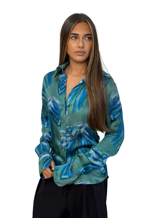 Acne Studios Blue/Green Satin Bow Print Shirt. Size: 36