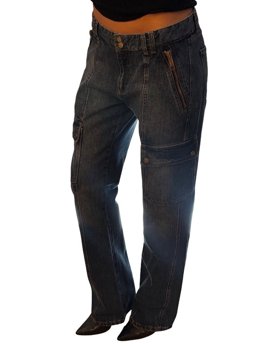 Burberry Blue Denim Cargo Jeans W Zip/Pocket Detail. Size: 10