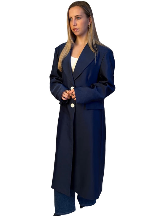 Lee Matthews Navy Shiny Coat w/ Pearlescent Buttons. Size: L