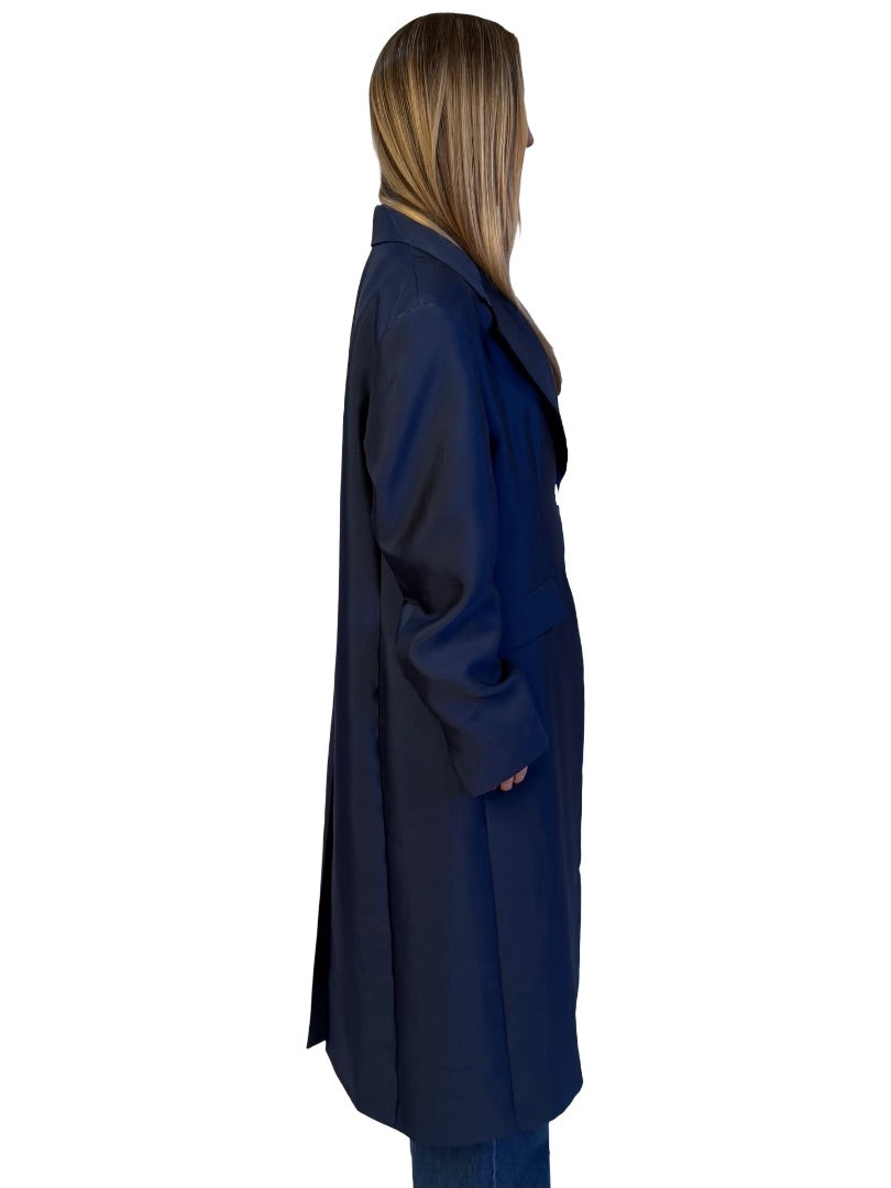 Lee Matthews Navy Shiny Coat w/ Pearlescent Buttons. Size: L
