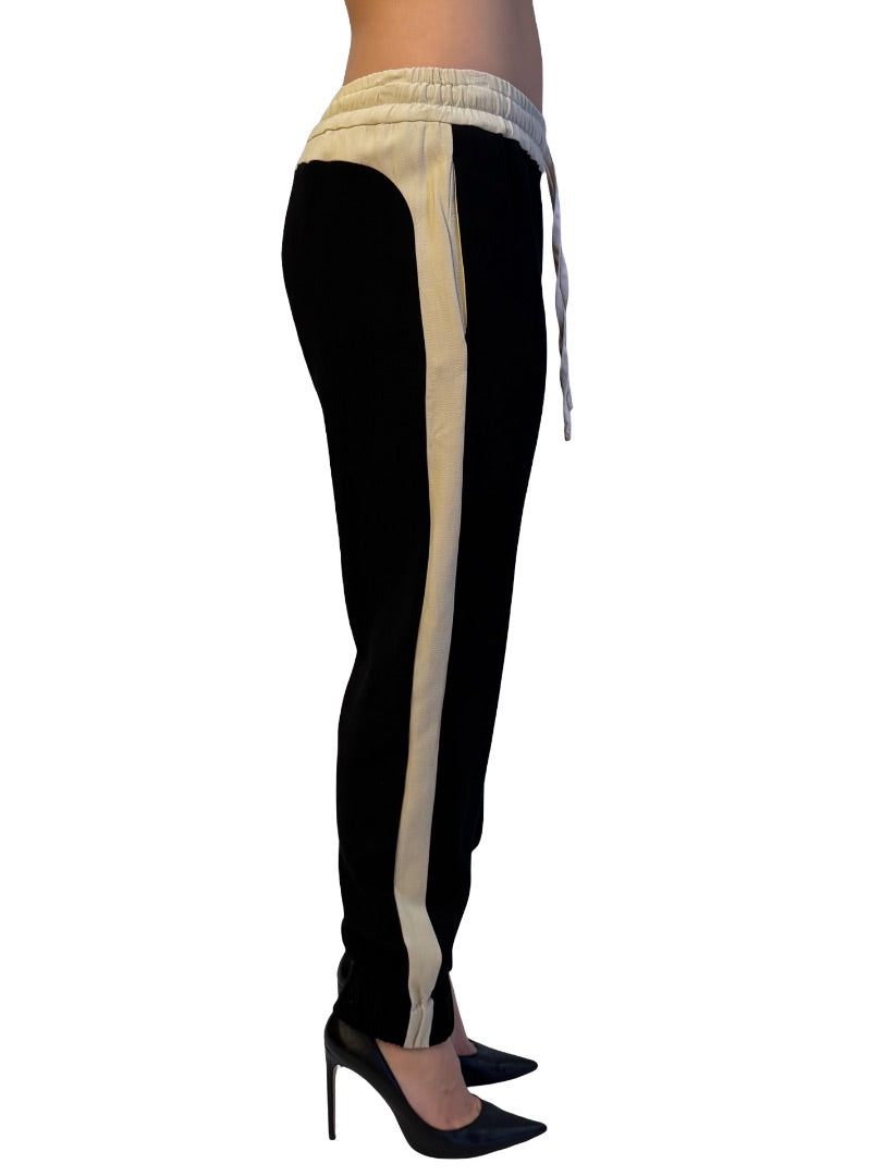 Dries Van Noten Black / Cream Drawstring Pant w/ Contrast Stripe. Size: 40