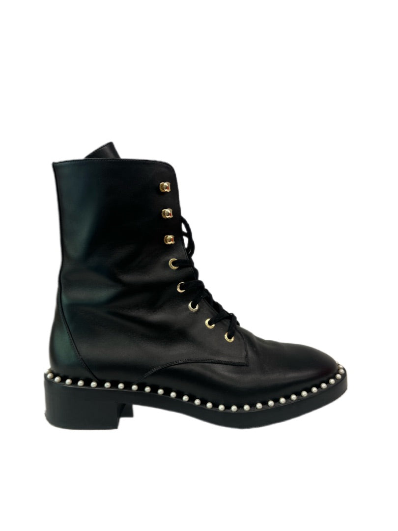 Stuart Weitzman Black Lace Up Ankle Boots w Pearls. Size: 38.5