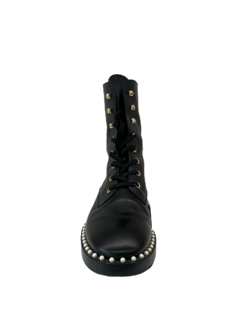 Stuart Weitzman Black Lace Up Ankle Boots w Pearls. Size: 38.5