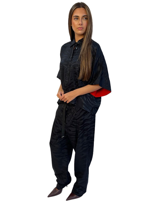 Zadig & Voltaire Black Tiger Stripe Jacquard Silk Shirt & Pant Set. Size: M & 40