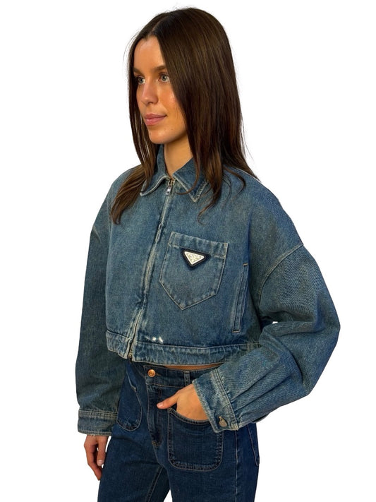 Prada Blue Wash Cropped Denim Jacket. Size: 36