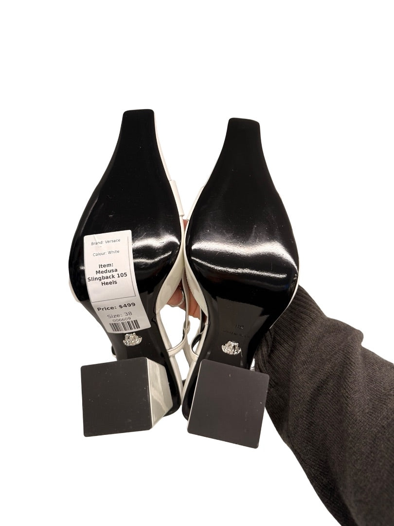 Versace White Medusa Slingback 105 Block Heels. Size: 38