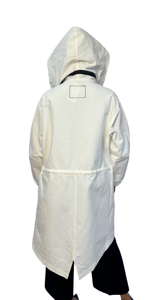 Bassike White Cotton Hooded Trench W Rope Tie. Size: XXS