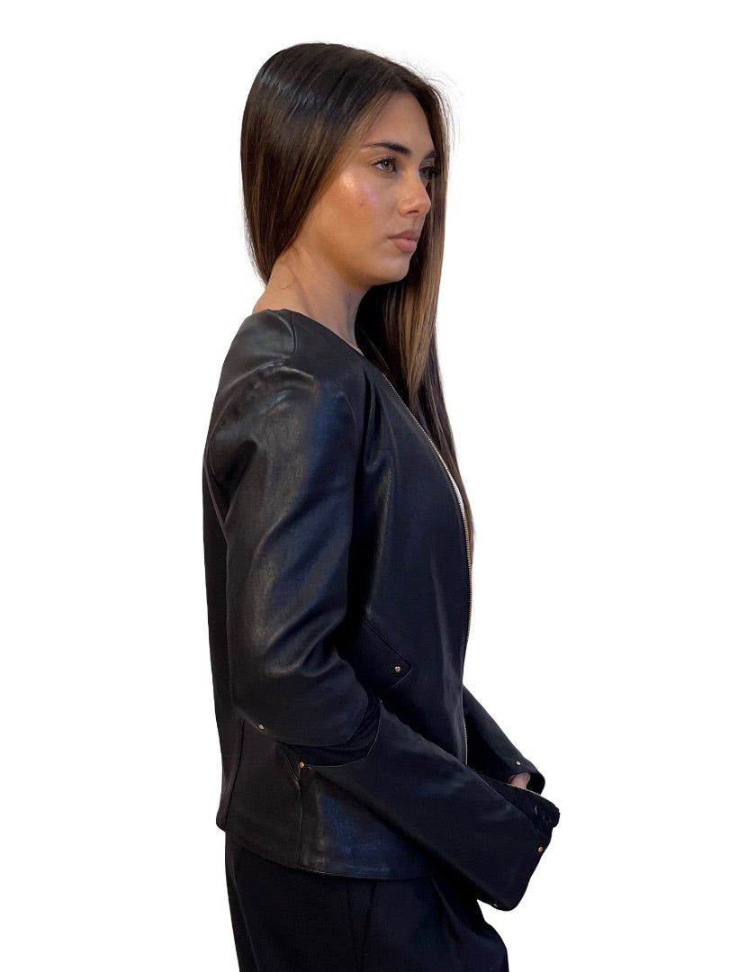 Thomas Wilde Black Leather Jacket W Mesh Sleeve Detail. Size: L