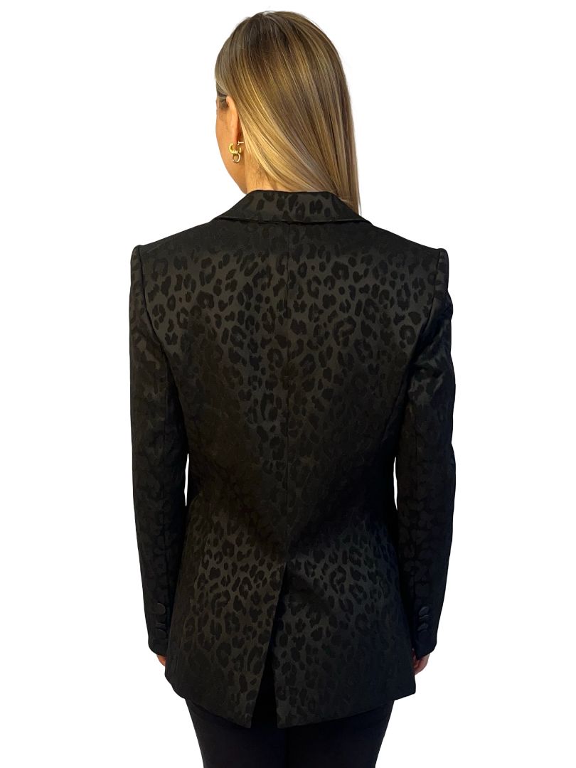 Veronica Beard Black Satin Lapel Leopard Jacquard Blazer. Size: 8