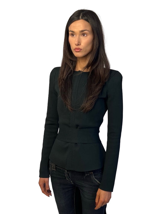 Scanlan Theodore Dark Green Curved Hem Crepe Knit Jacket W Tie. Size: S