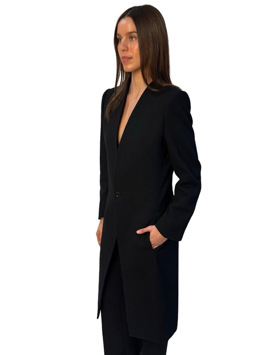 Devoa Black Collarless Wool/Cotton Coat. Size: 48