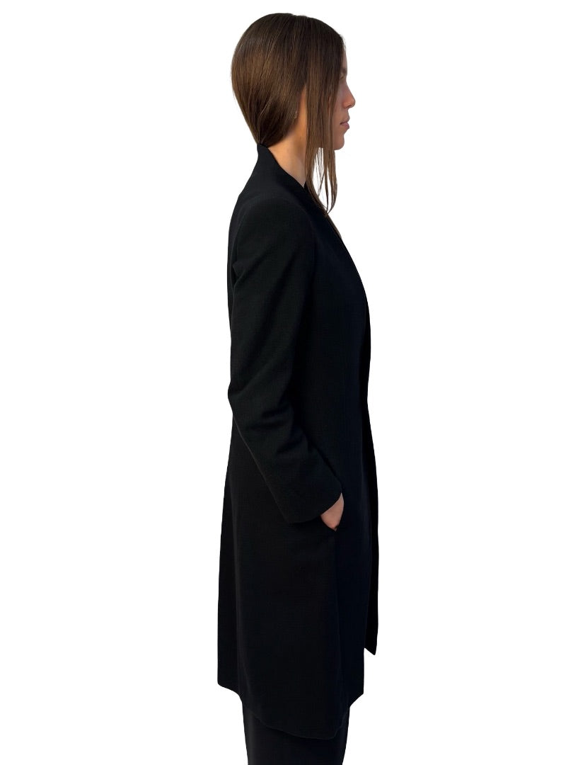 Devoa Black Collarless Wool/Cotton Coat. Size: 48
