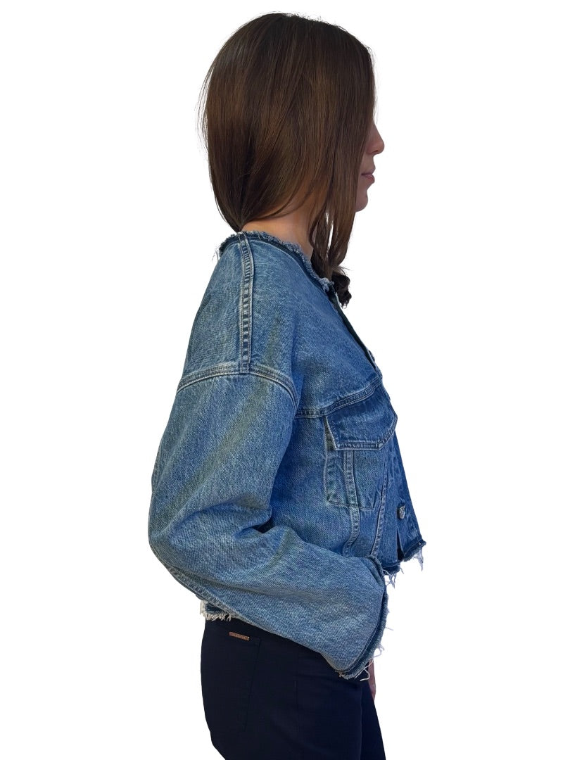 SLVRLAKE Blue Wash 'Collarless Trucker' Denim Jacket W Frayed Hem. Size: M