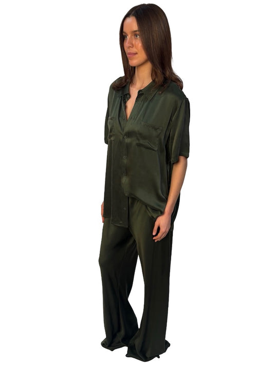 Silk Laundry Khaki Silk Sleeveless Pocket Shirt & Pant Set. Size: L & XL