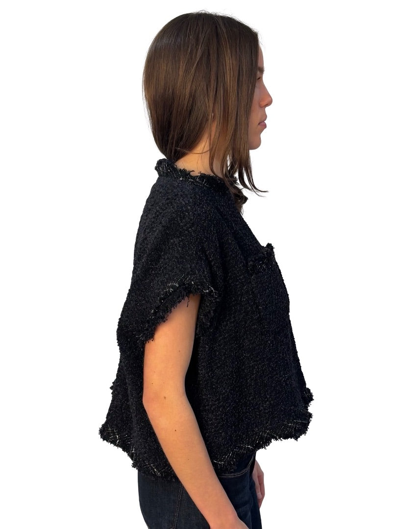 Sacai Black Distressed Tweed Sleeveless Two Pocket Top. Size: 2