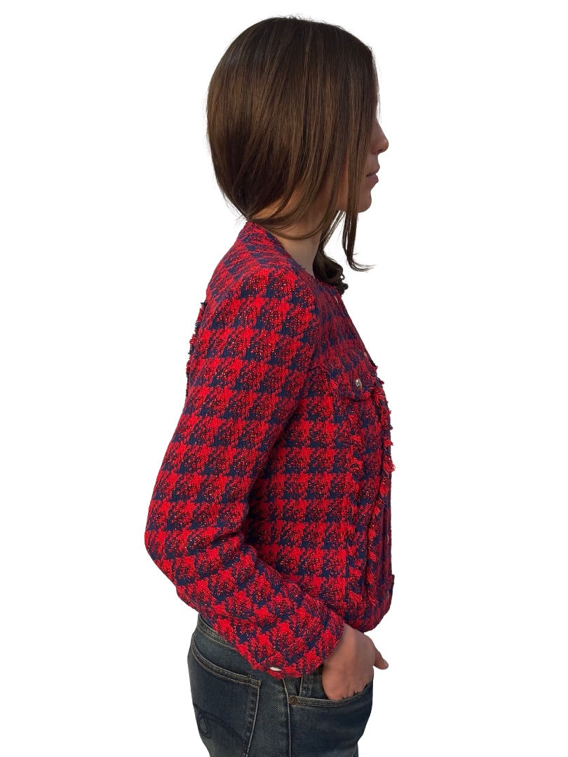 IRO Red / Navy Tweed Metallic Cardigan. Size: 40