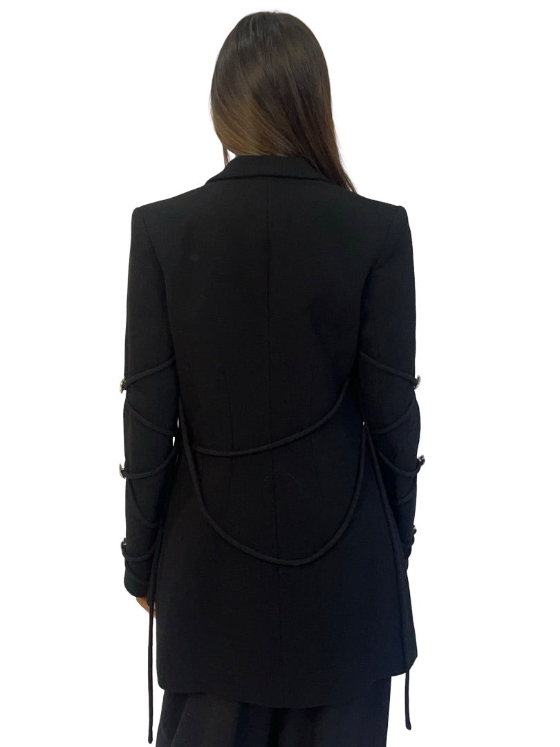 Mach & Mach Black Peak Lapel Structured Wool Coat w/ Silver Hearts. Size: 36