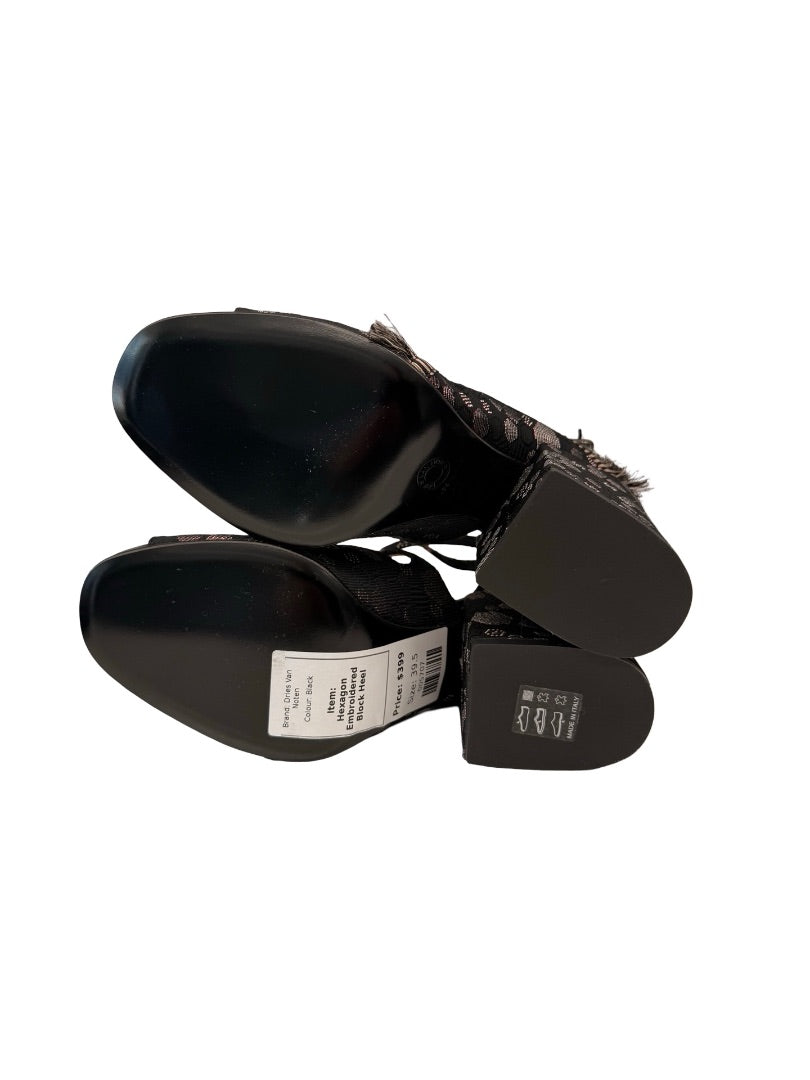 Dries Van Noten Black Hexagon Embroidered Block Heel. Size: 39.5