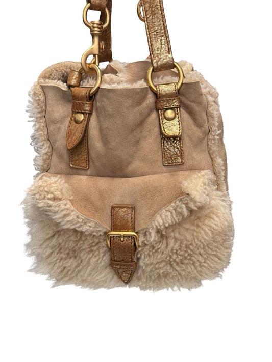 Miu Miu Beige Shearling Reversible Tote Crossbody Bag.