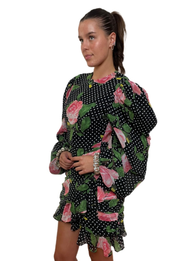 Richard Quinn Black Polka Dot Dress with Pink Roses & Crystal Cuffs. Size: 12