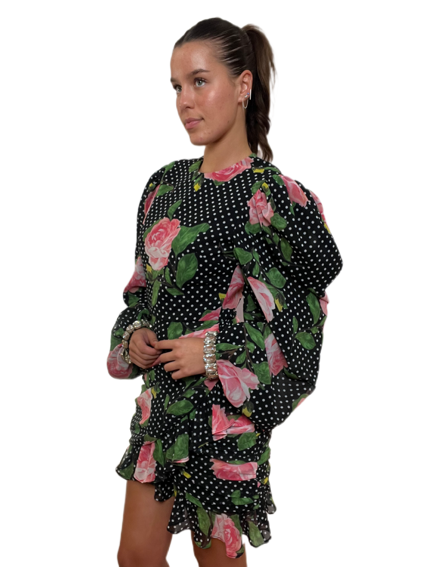 Richard Quinn Black Polka Dot Dress with Pink Roses & Crystal Cuffs. Size: 12
