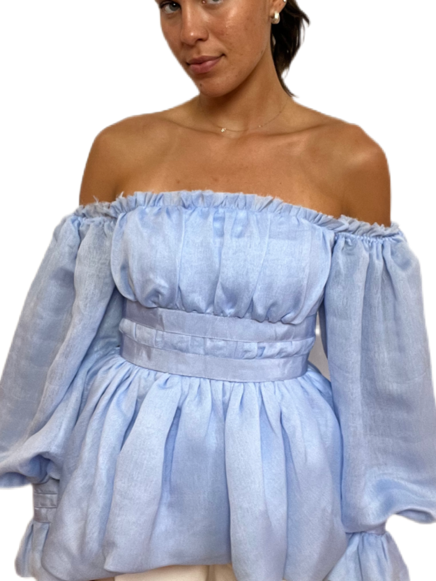 Aje Pale Blue Puff Sleeve Off-the-Shoulder Top. Size: 8
