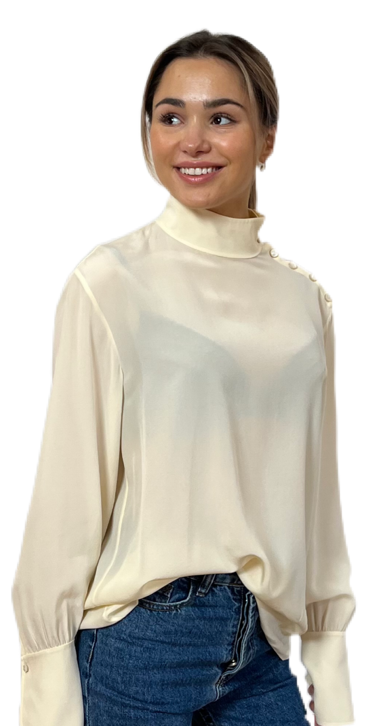 Chloe Buttercream Blouse with Shoulder Button Details. Size: 40