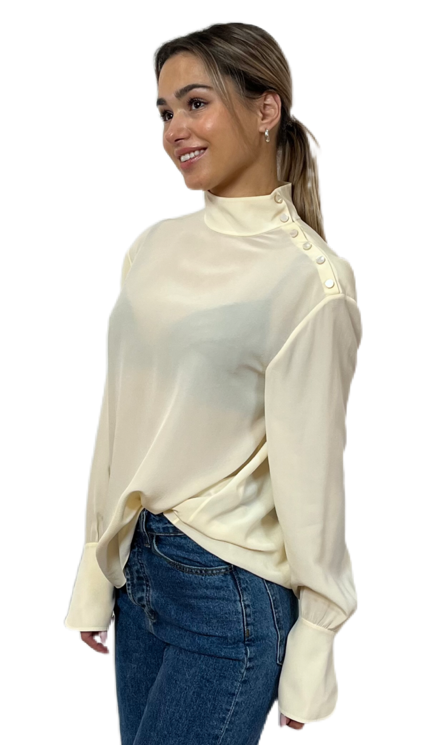 Chloe Buttercream Blouse with Shoulder Button Details. Size: 40