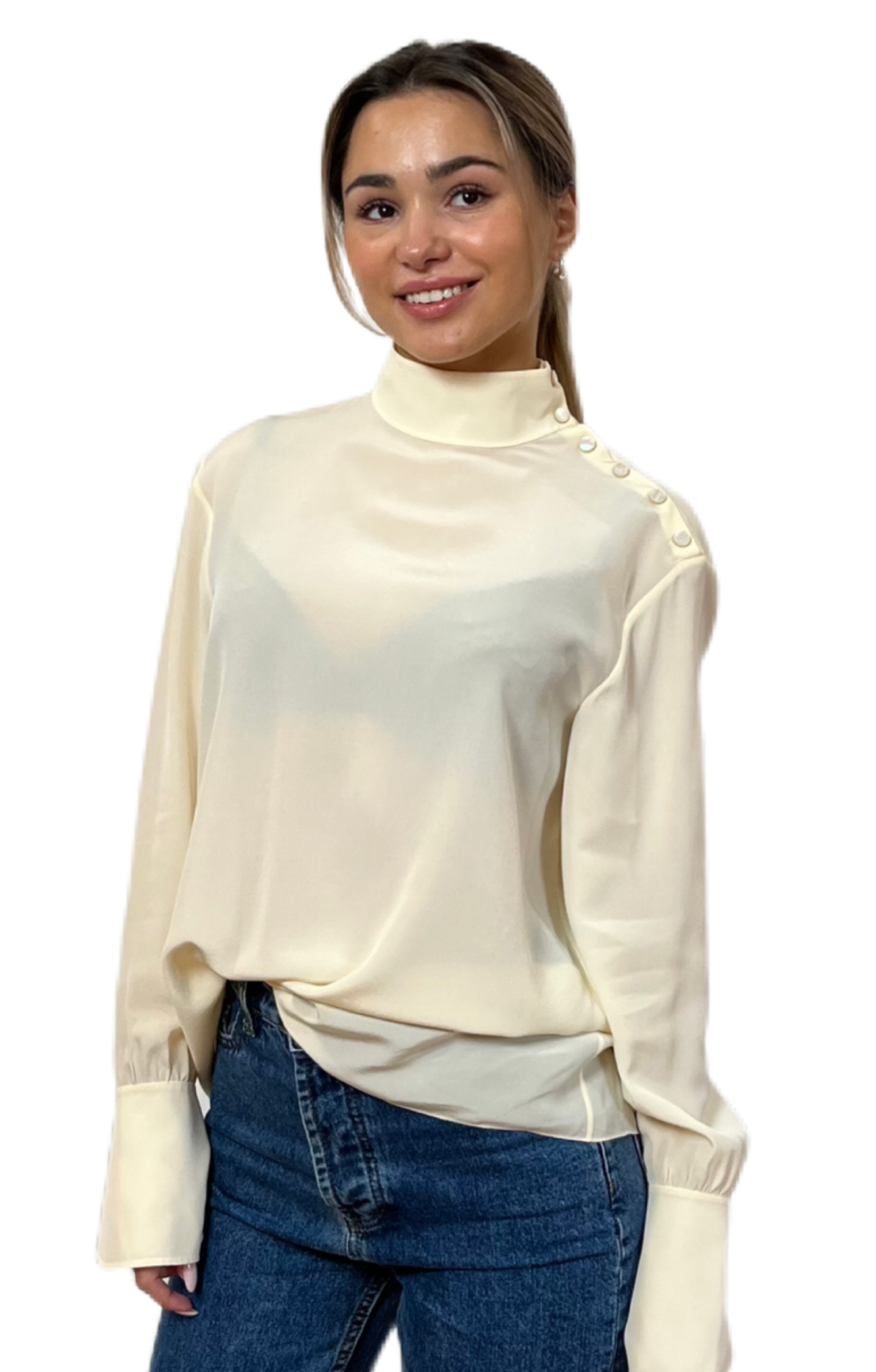 Chloe Buttercream Blouse with Shoulder Button Details. Size: 40