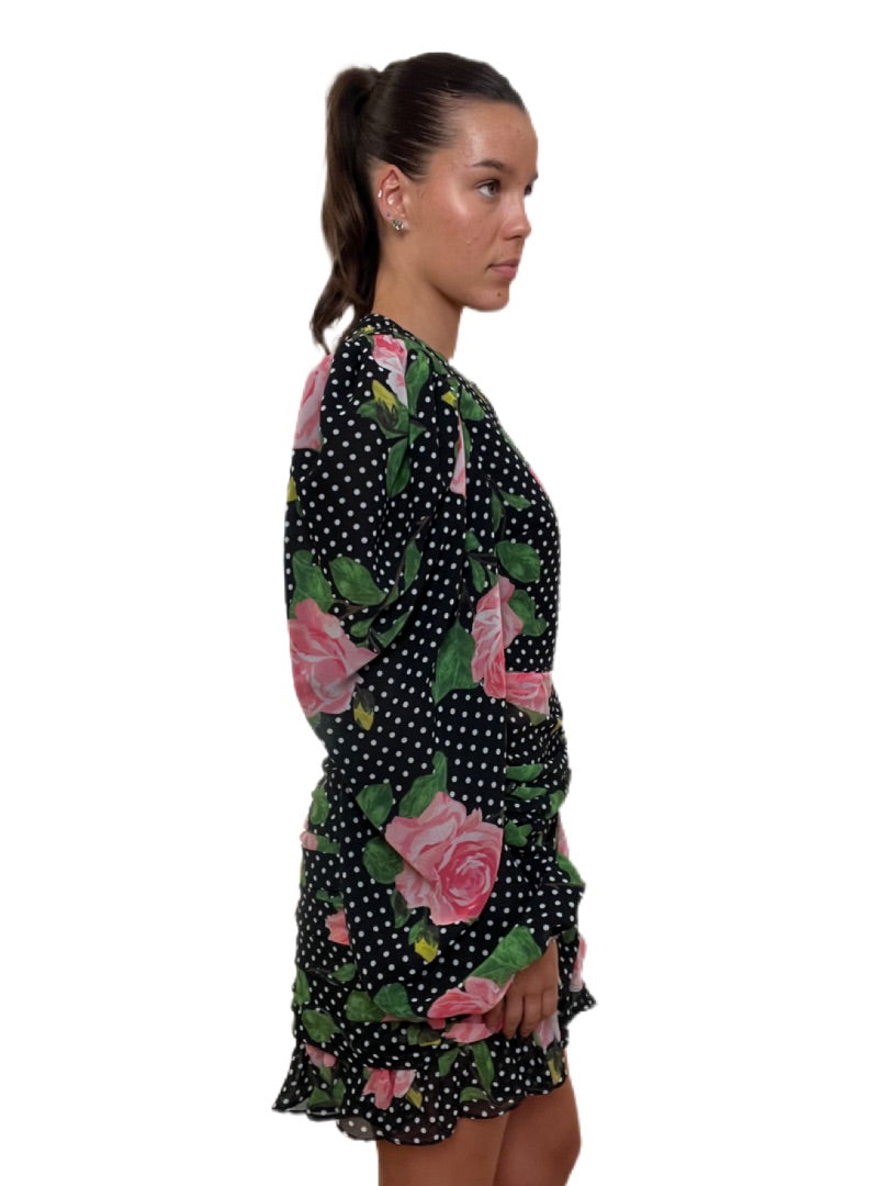 Richard Quinn Black Polka Dot Dress with Pink Roses & Crystal Cuffs. Size: 12