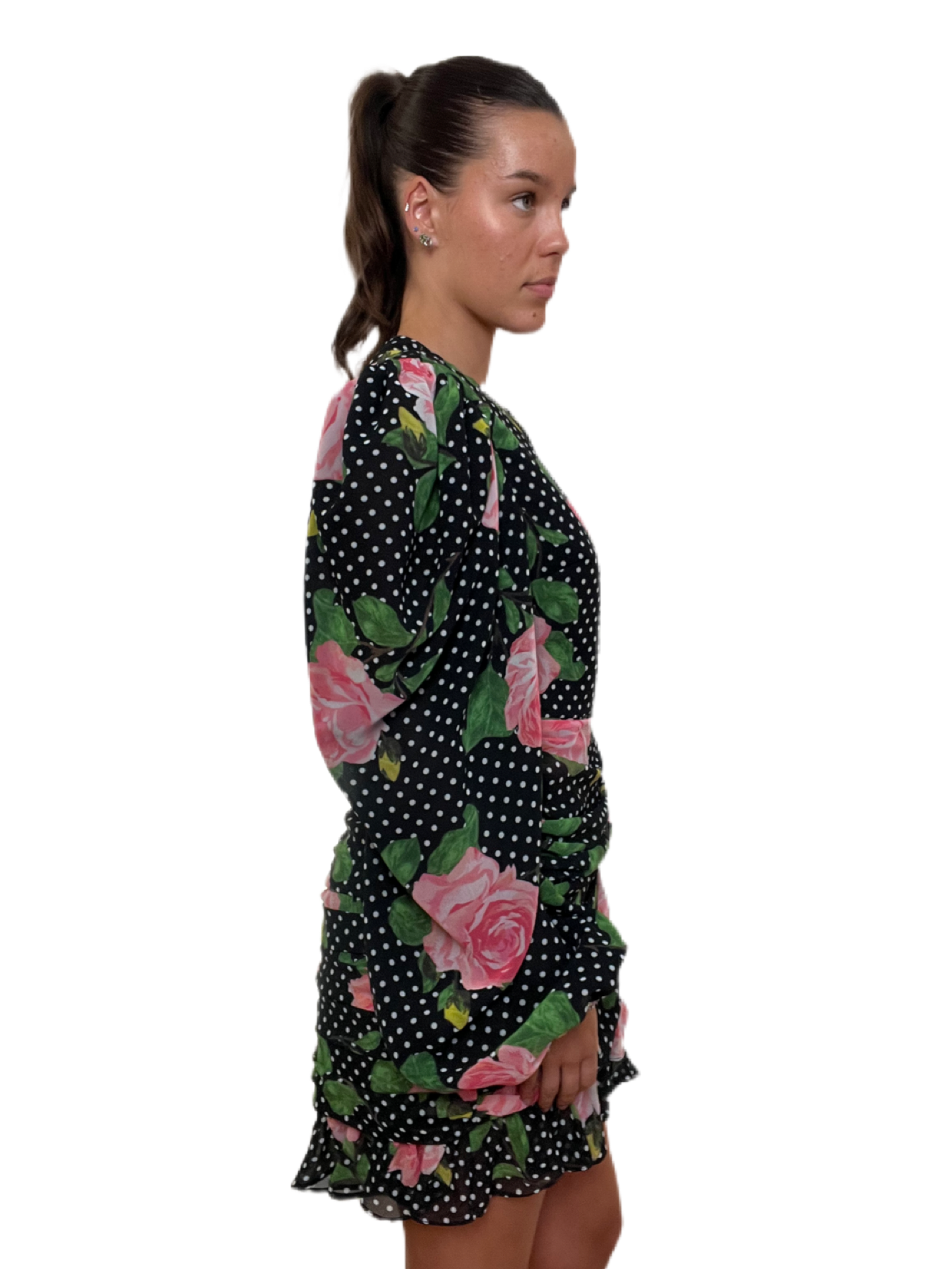 Richard Quinn Black Polka Dot Dress with Pink Roses & Crystal Cuffs. Size: 12