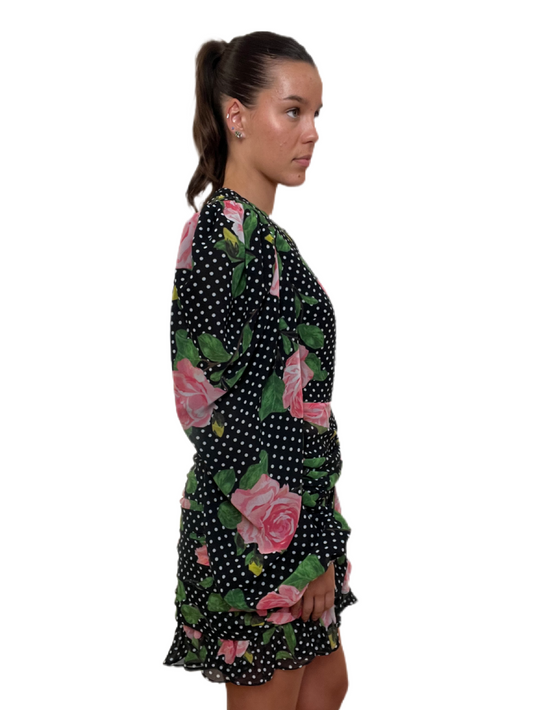 Richard Quinn Black Polka Dot Dress with Pink Roses & Crystal Cuffs. Size: 12