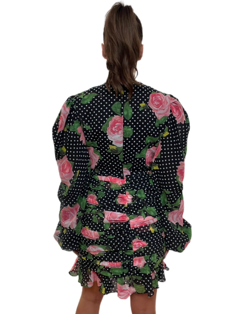 Richard Quinn Black Polka Dot Dress with Pink Roses & Crystal Cuffs. Size: 12