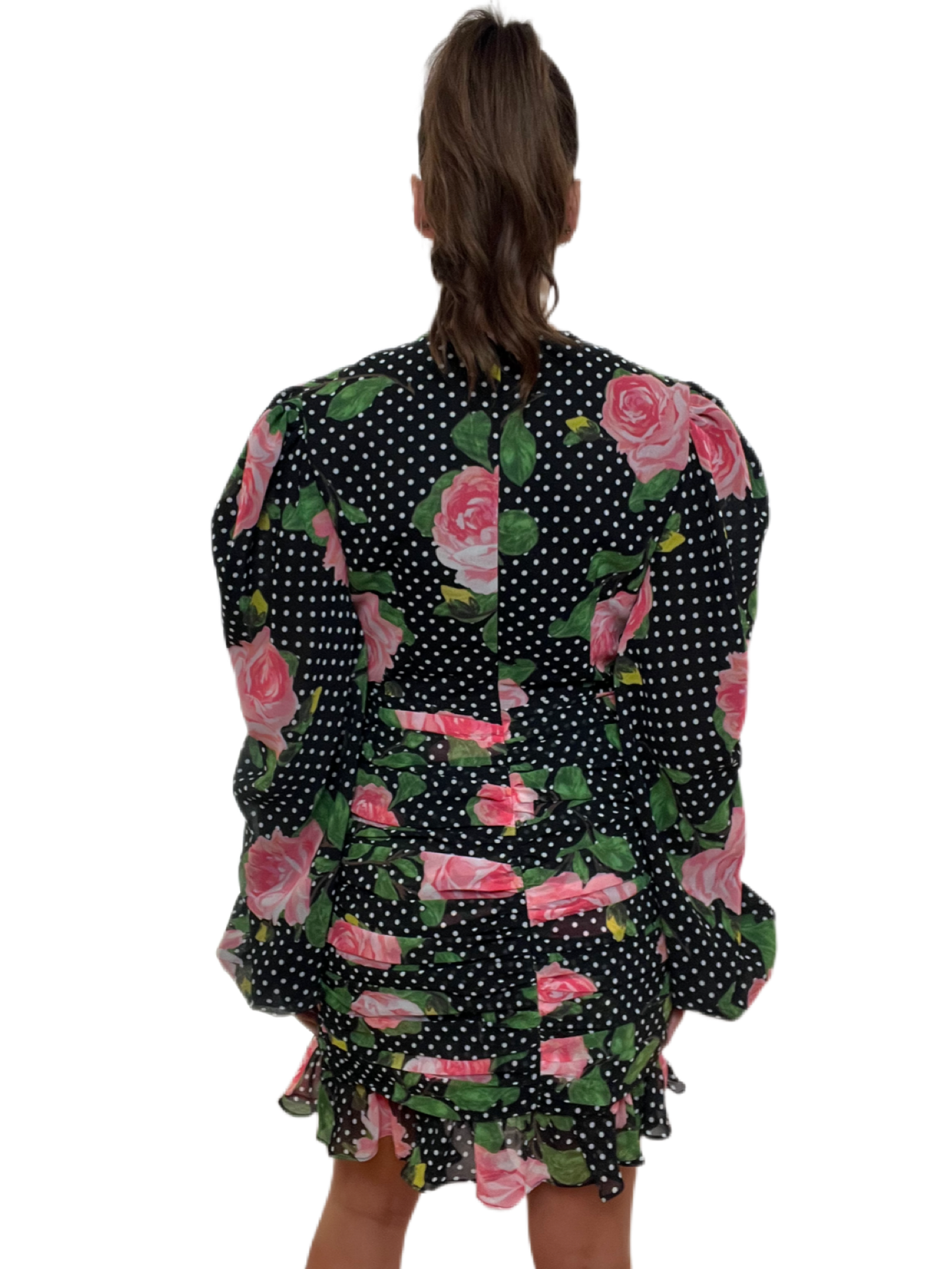 Richard Quinn Black Polka Dot Dress with Pink Roses & Crystal Cuffs. Size: 12