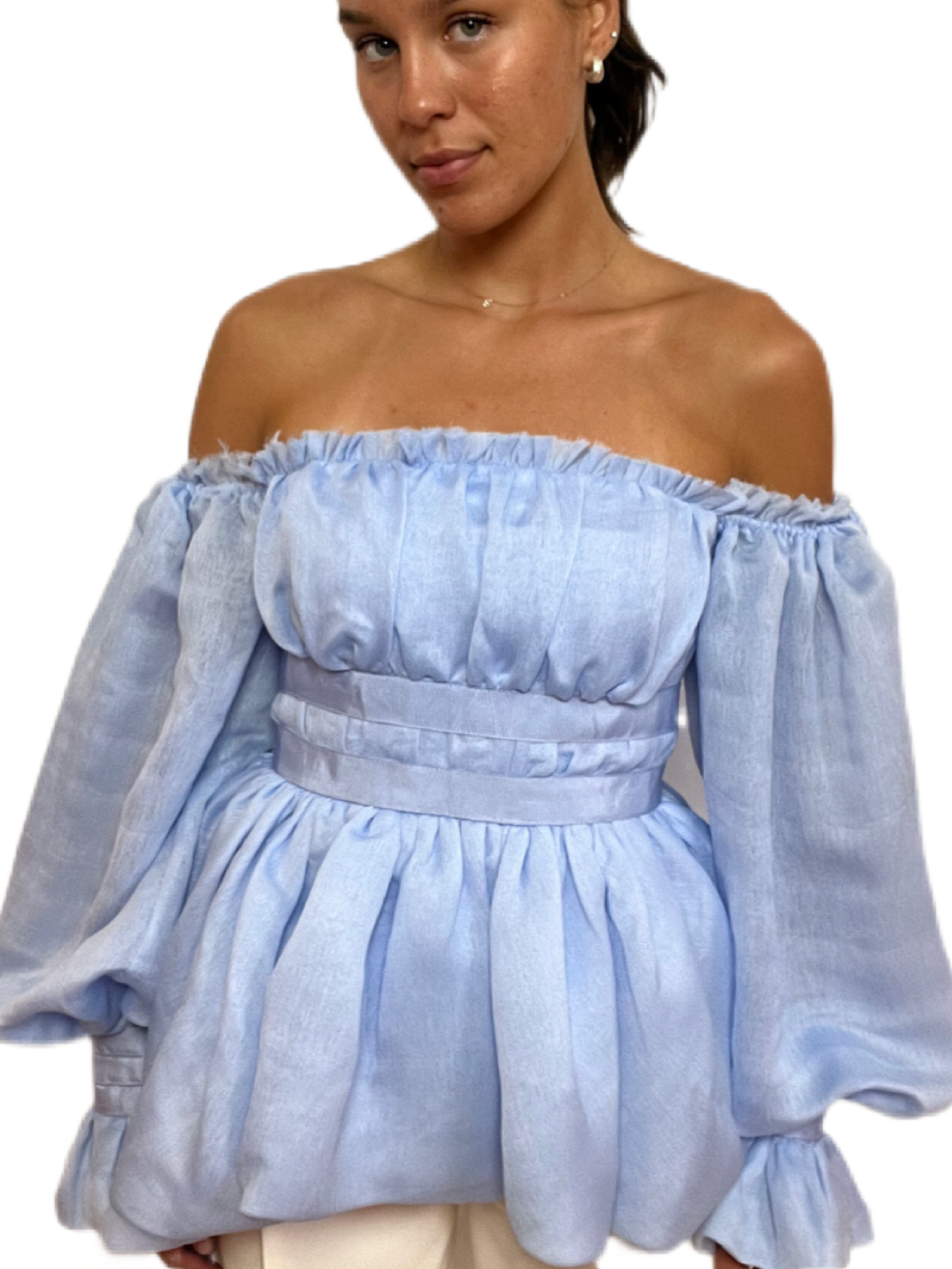 Aje Pale Blue Puff Sleeve Off-the-Shoulder Top. Size: 8