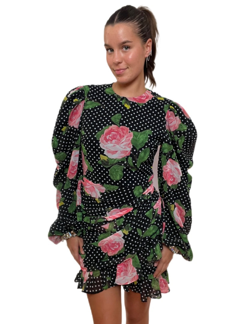 Richard Quinn Black Polka Dot Dress with Pink Roses & Crystal Cuffs. Size: 12