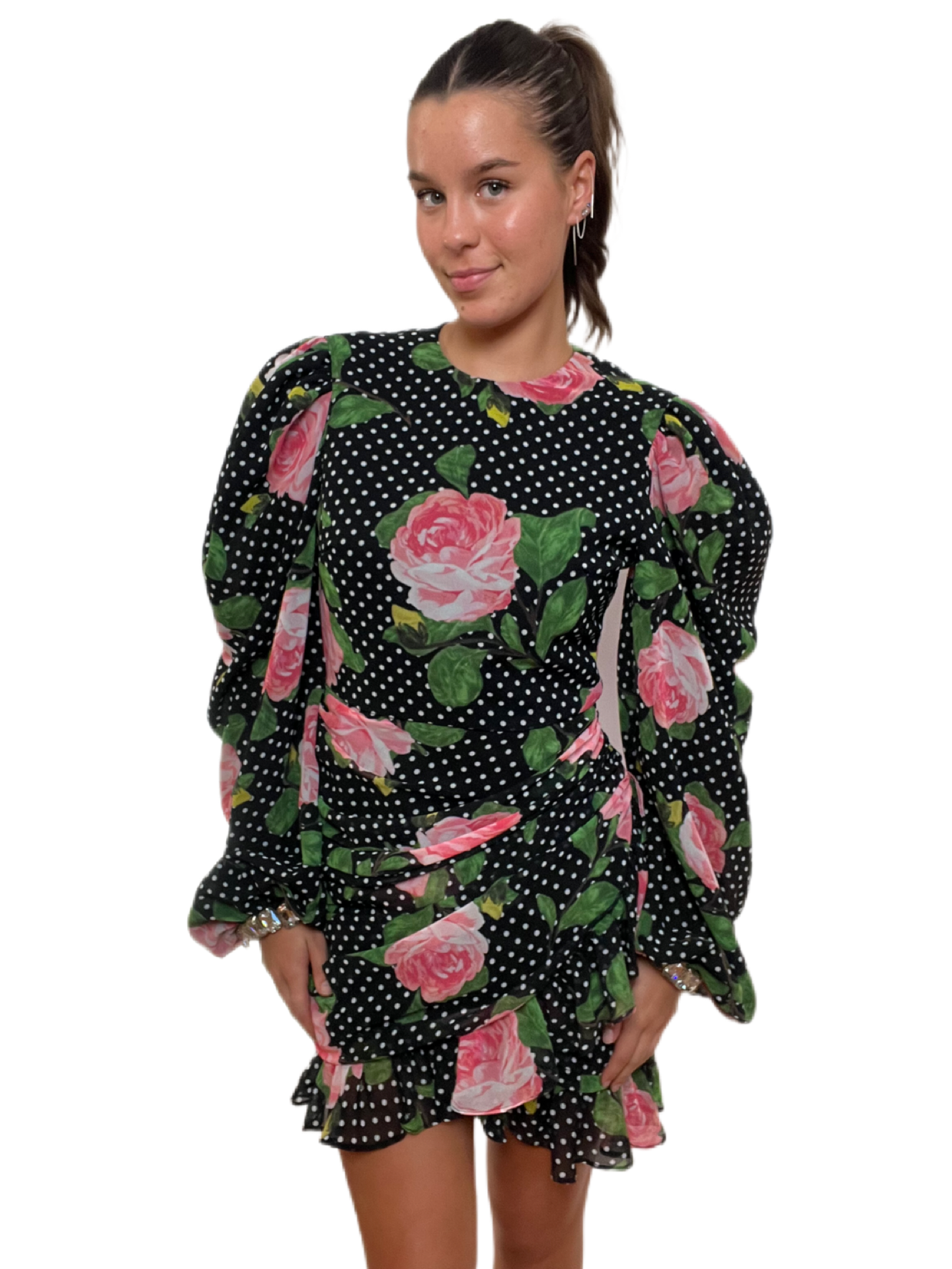 Richard Quinn Black Polka Dot Dress with Pink Roses & Crystal Cuffs. Size: 12